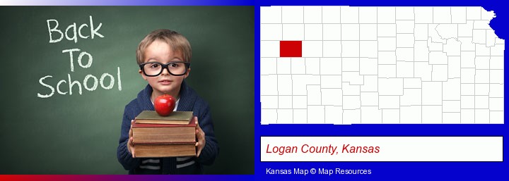 the back-to-school concept; Logan County, Kansas highlighted in red on a map