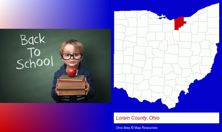 the back-to-school concept; Lorain County, Ohio highlighted in red on a map