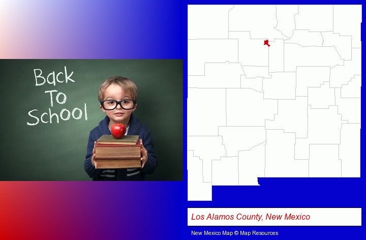 the back-to-school concept; Los Alamos County, New Mexico highlighted in red on a map