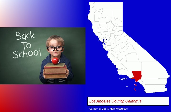 the back-to-school concept; Los Angeles County, California highlighted in red on a map