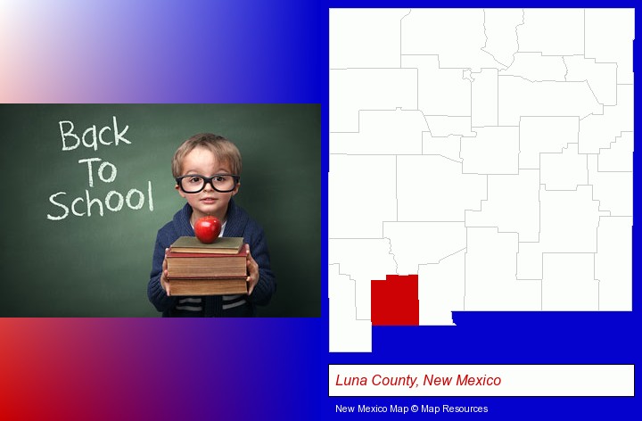 the back-to-school concept; Luna County, New Mexico highlighted in red on a map