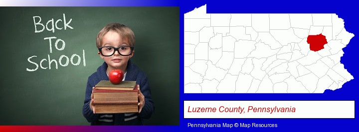 the back-to-school concept; Luzerne County, Pennsylvania highlighted in red on a map