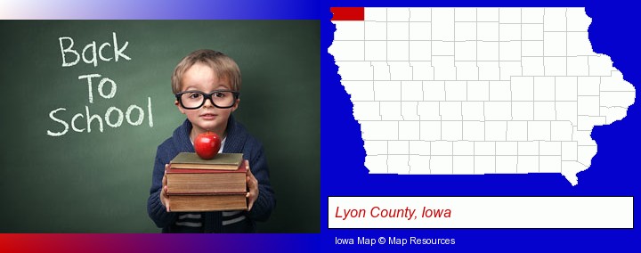 the back-to-school concept; Lyon County, Iowa highlighted in red on a map