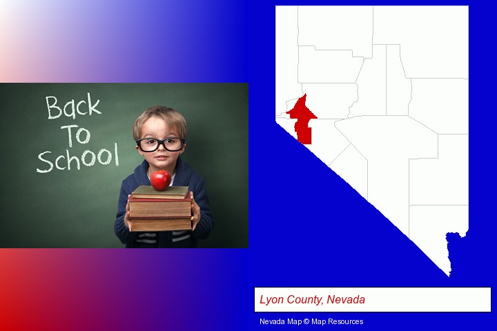 the back-to-school concept; Lyon County, Nevada highlighted in red on a map