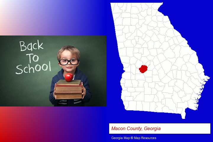 the back-to-school concept; Macon County, Georgia highlighted in red on a map