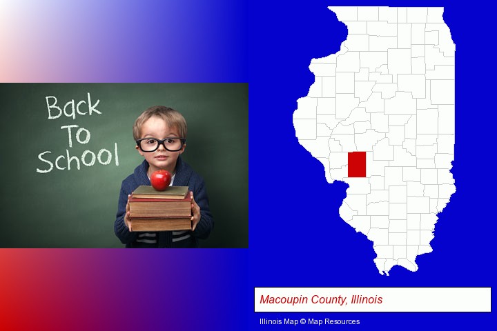 the back-to-school concept; Macoupin County, Illinois highlighted in red on a map