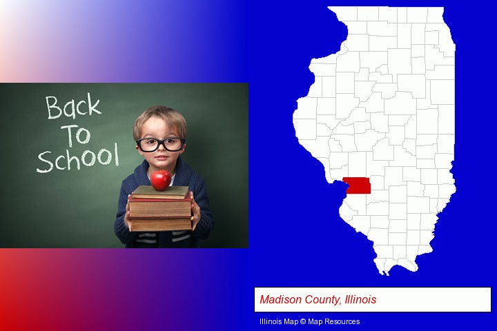 the back-to-school concept; Madison County, Illinois highlighted in red on a map