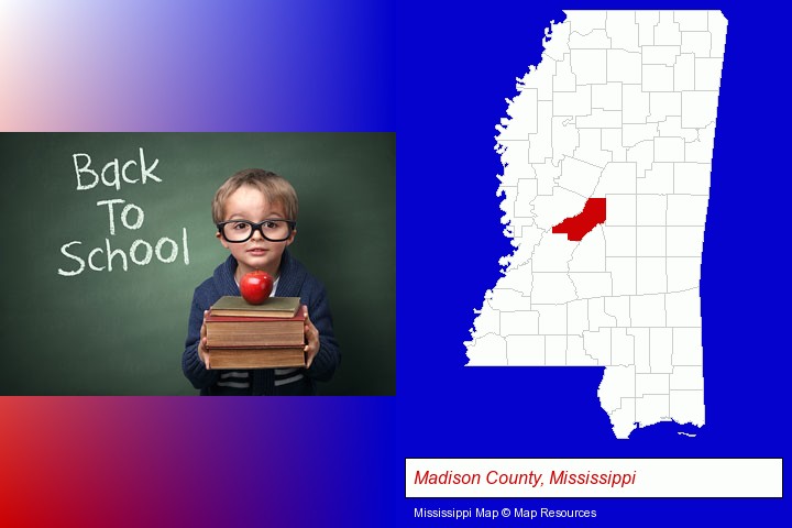 the back-to-school concept; Madison County, Mississippi highlighted in red on a map