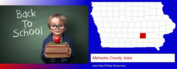 the back-to-school concept; Mahaska County, Iowa highlighted in red on a map