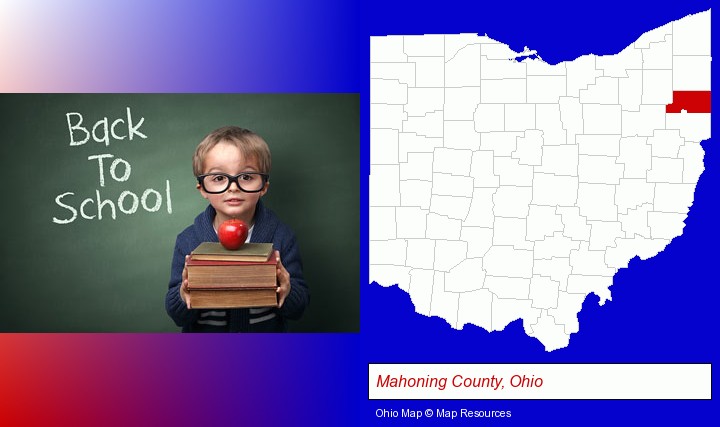 the back-to-school concept; Mahoning County, Ohio highlighted in red on a map