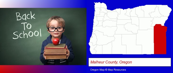 the back-to-school concept; Malheur County, Oregon highlighted in red on a map