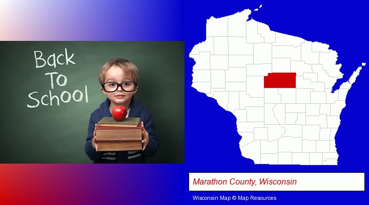 the back-to-school concept; Marathon County, Wisconsin highlighted in red on a map