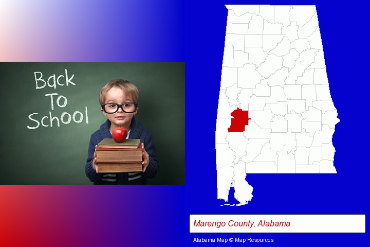 the back-to-school concept; Marengo County, Alabama highlighted in red on a map