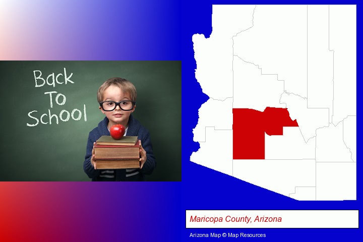 the back-to-school concept; Maricopa County, Arizona highlighted in red on a map