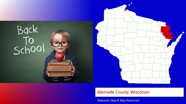 the back-to-school concept; Marinette County, Wisconsin highlighted in red on a map