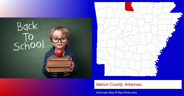 the back-to-school concept; Marion County, Arkansas highlighted in red on a map