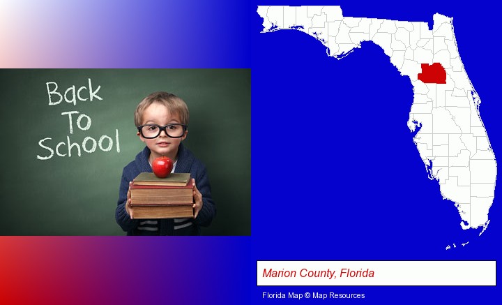 the back-to-school concept; Marion County, Florida highlighted in red on a map