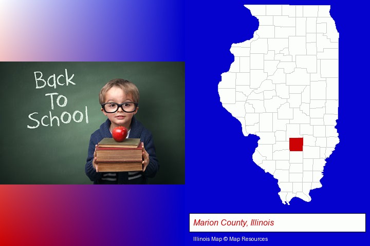 the back-to-school concept; Marion County, Illinois highlighted in red on a map