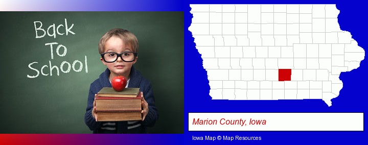 the back-to-school concept; Marion County, Iowa highlighted in red on a map