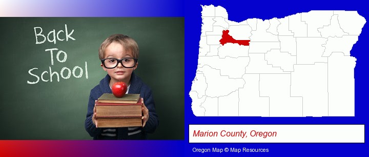 the back-to-school concept; Marion County, Oregon highlighted in red on a map