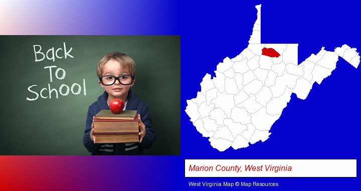 the back-to-school concept; Marion County, West Virginia highlighted in red on a map