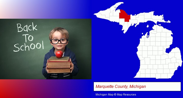 the back-to-school concept; Marquette County, Michigan highlighted in red on a map