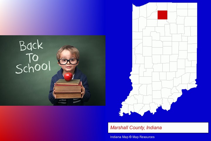 the back-to-school concept; Marshall County, Indiana highlighted in red on a map