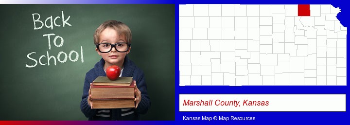 the back-to-school concept; Marshall County, Kansas highlighted in red on a map