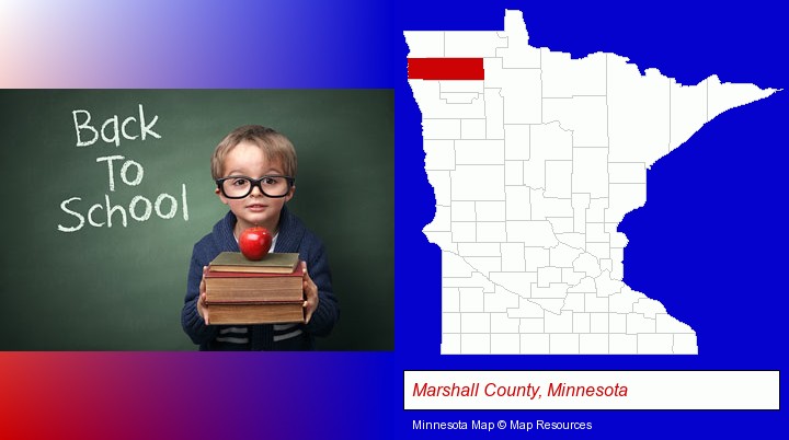 the back-to-school concept; Marshall County, Minnesota highlighted in red on a map