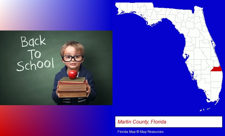 the back-to-school concept; Martin County, Florida highlighted in red on a map
