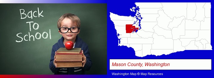 the back-to-school concept; Mason County, Washington highlighted in red on a map