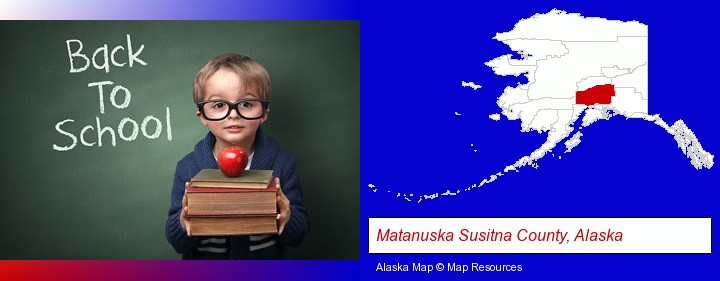 the back-to-school concept; Matanuska Susitna County, Alaska highlighted in red on a map
