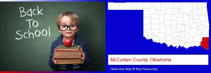 the back-to-school concept; McCurtain County, Oklahoma highlighted in red on a map