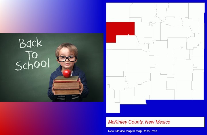 the back-to-school concept; McKinley County, New Mexico highlighted in red on a map