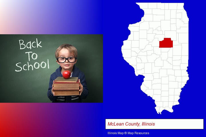 the back-to-school concept; McLean County, Illinois highlighted in red on a map