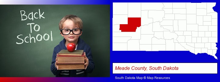 the back-to-school concept; Meade County, South Dakota highlighted in red on a map