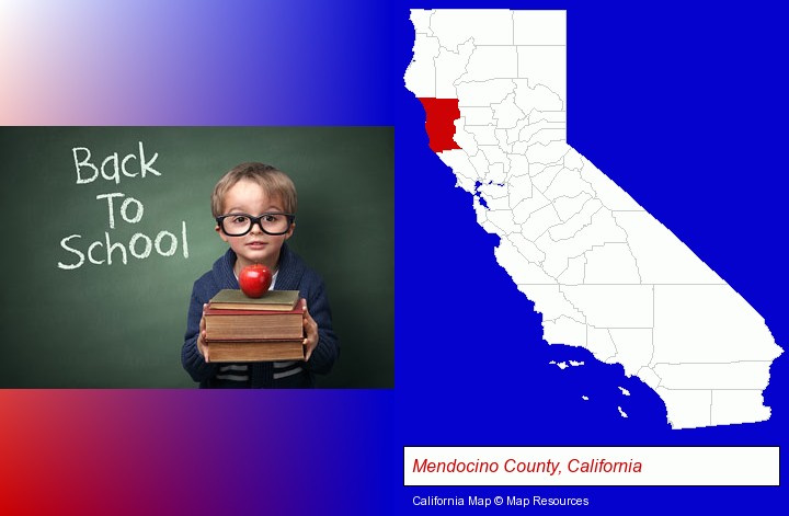 the back-to-school concept; Mendocino County, California highlighted in red on a map