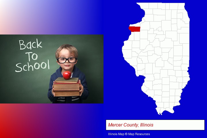 the back-to-school concept; Mercer County, Illinois highlighted in red on a map
