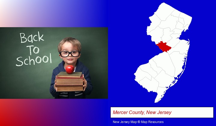 the back-to-school concept; Mercer County, New Jersey highlighted in red on a map