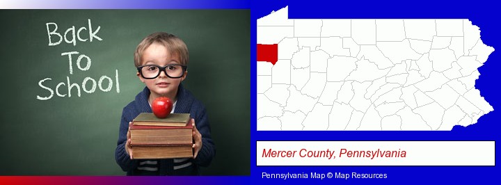 the back-to-school concept; Mercer County, Pennsylvania highlighted in red on a map