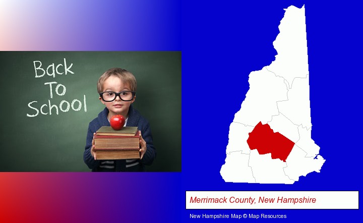 the back-to-school concept; Merrimack County, New Hampshire highlighted in red on a map