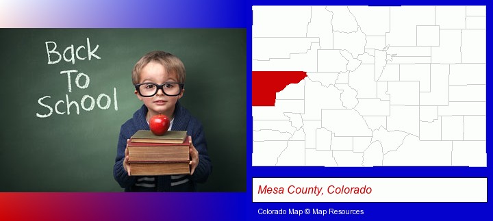 the back-to-school concept; Mesa County, Colorado highlighted in red on a map