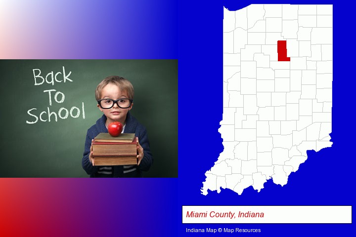 the back-to-school concept; Miami County, Indiana highlighted in red on a map