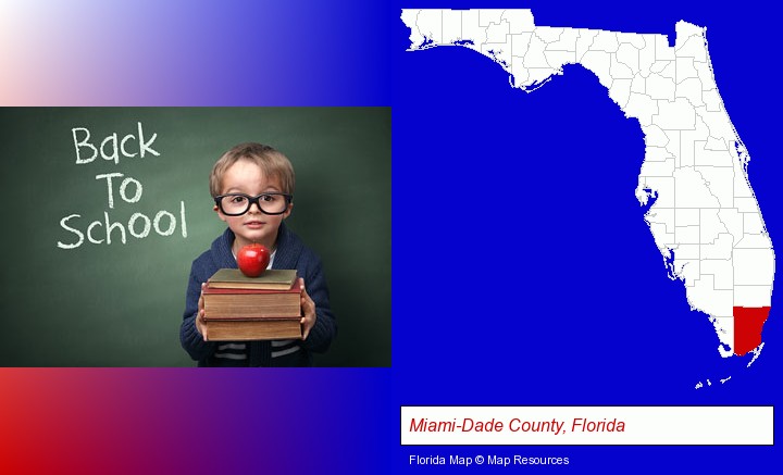 the back-to-school concept; Miami-Dade County, Florida highlighted in red on a map