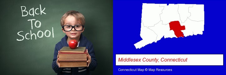 the back-to-school concept; Middlesex County, Connecticut highlighted in red on a map