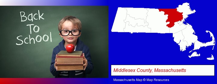 the back-to-school concept; Middlesex County, Massachusetts highlighted in red on a map