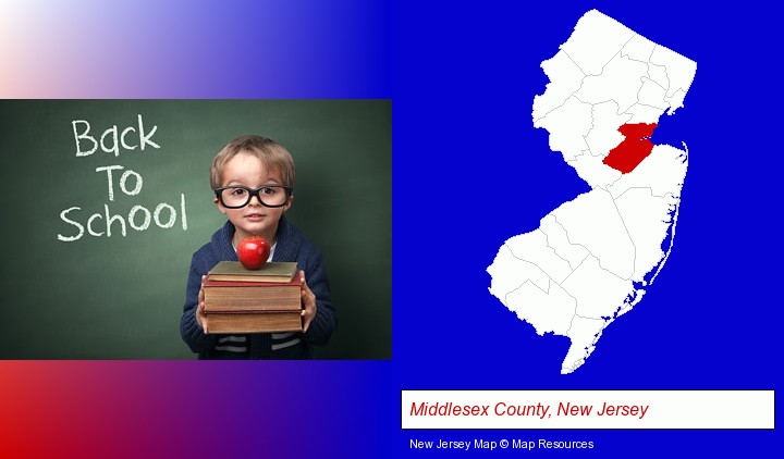 the back-to-school concept; Middlesex County, New Jersey highlighted in red on a map