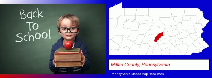 the back-to-school concept; Mifflin County, Pennsylvania highlighted in red on a map