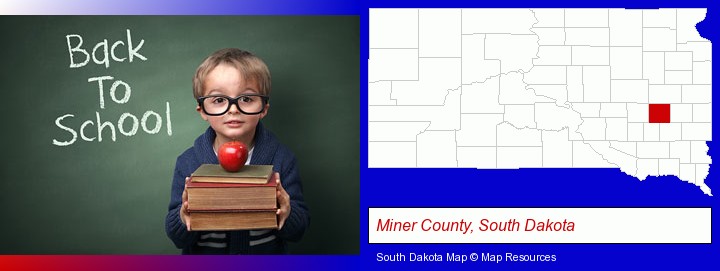 the back-to-school concept; Miner County, South Dakota highlighted in red on a map