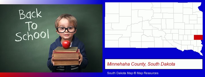 the back-to-school concept; Minnehaha County, South Dakota highlighted in red on a map